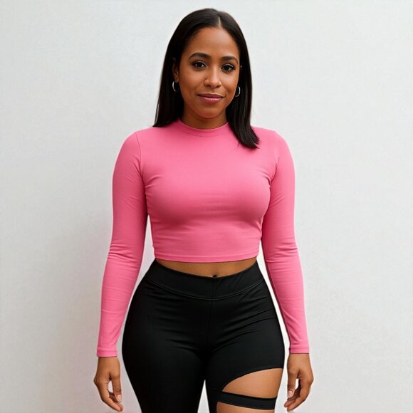 Pink Open Back Long Sleeve Cropped Top - Picture 1 of 6